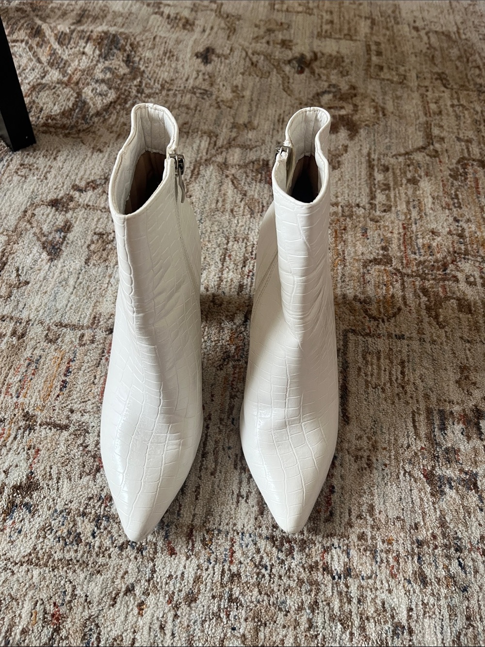 White Croc-Embossed Pointed Toe Ankle Booties